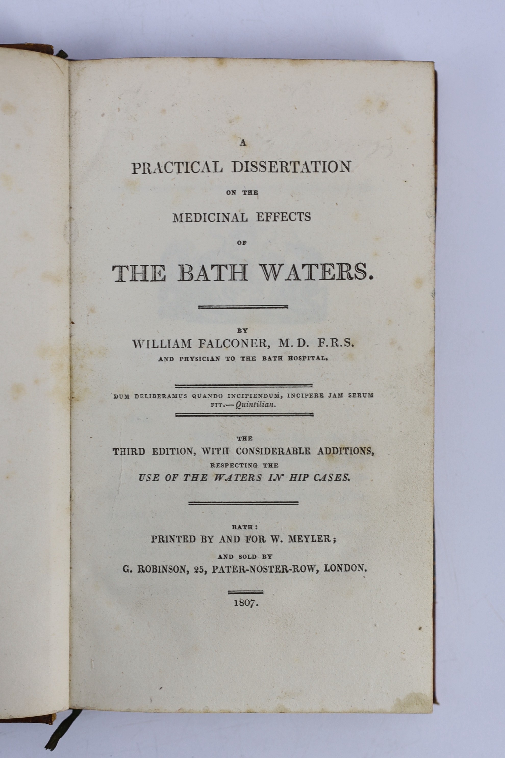 SOMERSET, BATH: Falconer, William - A Practical Dissertation on the Medicinal Effects of the Bath Waters. 3rd edition, with considerable additions, respecting the use of the waters in hip cases. old gilt-ruled half moroc